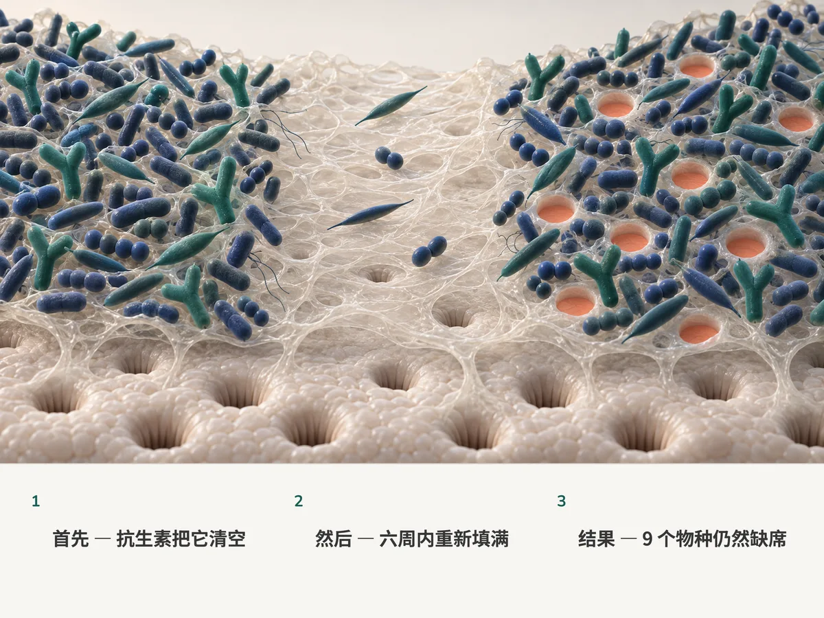 插图:肠道菌群的三个时刻:拥挤,被抗生素几乎清空,然后再次拥挤,只是留下九个空位