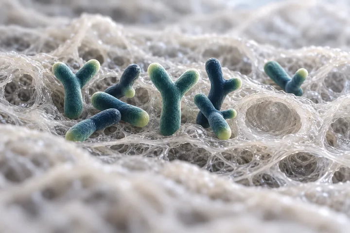 Illustration: gegabelte Bifidobacterium-Zellen wachsen im lockeren Darmschleim nach, daneben eine leere Mulde, wo einst Zellen standen