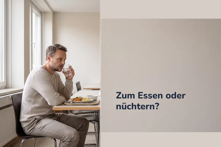 Zum Essen oder nüchtern? — ein Mann über seinem Mittagessen an einem Kantinentisch mitten am Tag
