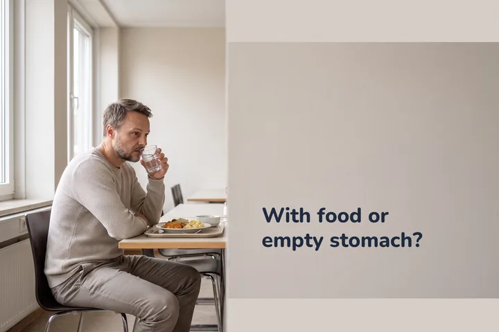 With food or empty stomach? — a man over his lunch at a canteen table in the middle of the day