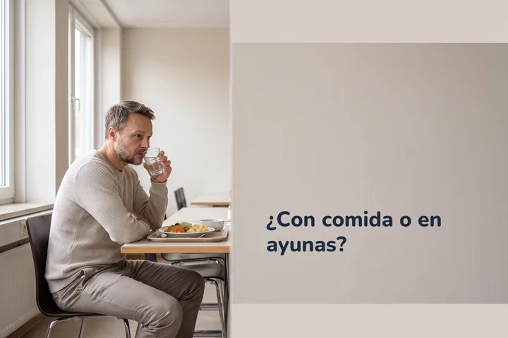 ¿Con comida o en ayunas? — un hombre ante su comida en la mesa de un comedor a media jornada