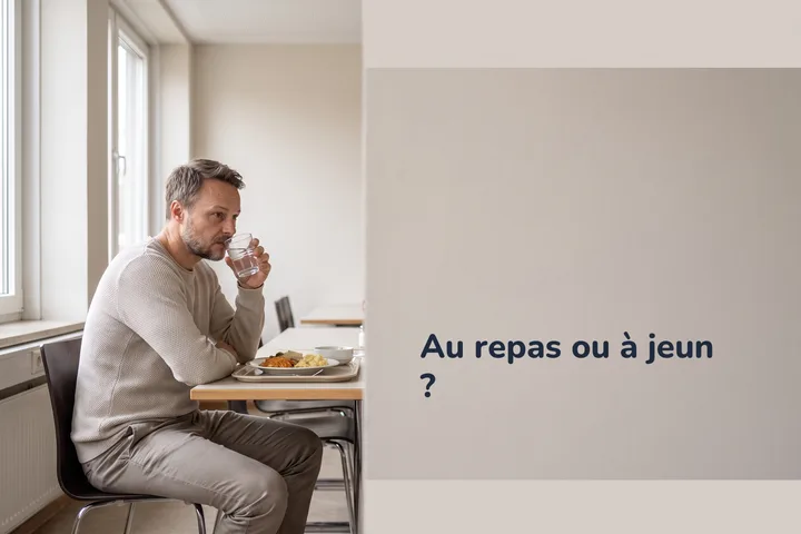 Au repas ou à jeun ? — un homme devant son déjeuner à la table d'une cantine, en plein midi