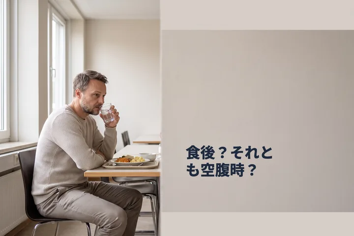 食後？それとも空腹時？ — 昼どき、男性が食堂のテーブルで昼食に向かっている