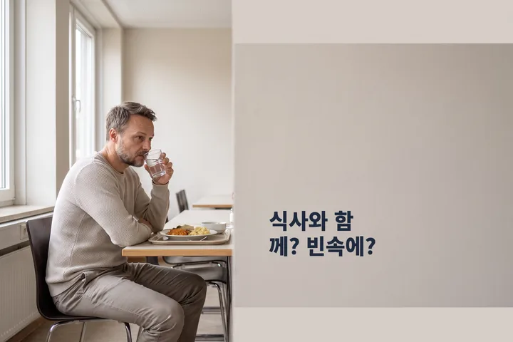 식사와 함께? 빈속에? — 한낮 구내식당 식탁에서 점심을 앞에 둔 남성