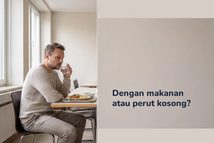 Dengan makanan atau perut kosong? — seorang lelaki di meja kantin sedang makan tengah hari