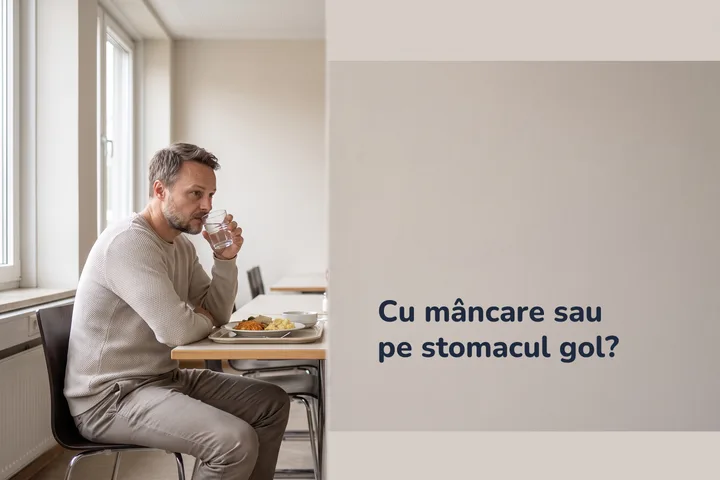 Cu mâncare sau pe stomacul gol? — un bărbat la prânz, la masa unei cantine, în miezul zilei