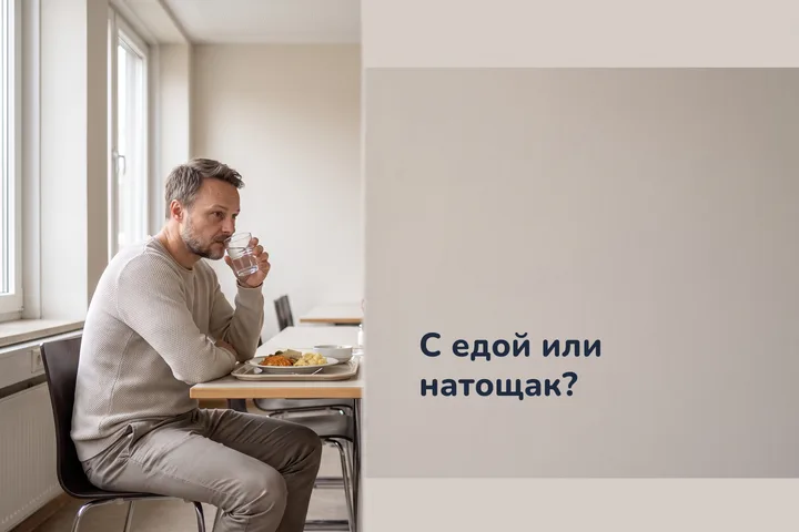 С едой или натощак? — мужчина над обедом за столом в столовой в середине дня