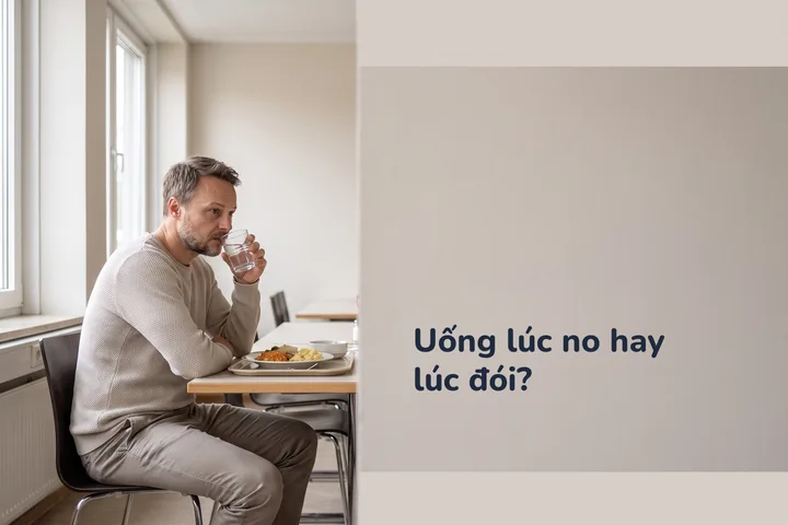 Uống lúc no hay lúc đói? — một người đàn ông bên bữa trưa ở bàn ăn căng tin giữa ngày