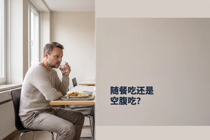 随餐吃还是空腹吃？ — 正午时分，一位男性在食堂的餐桌前吃午饭