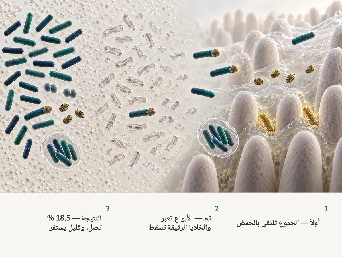 رسم توضيحي: بكتيريا مبتلعة تعبر حمض المعدة؛ معظم العصيات الحرة تنهار، والأبواغ وكتلة خلايا مغلّفة تمر سليمة، وعند بطانة الأمعاء يستقر ناجيان في المخاط بينما ينجرف غيرهما