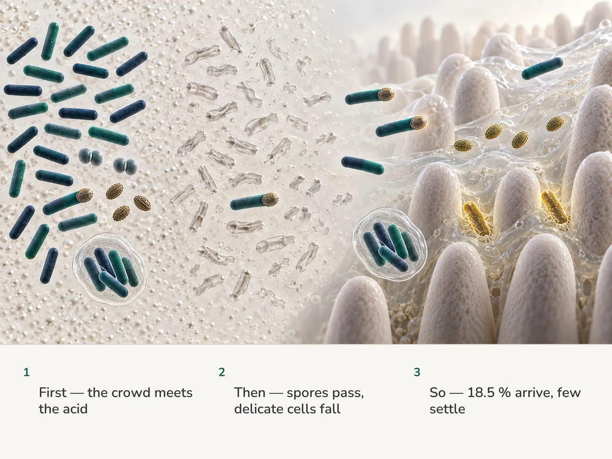 Illustration: swallowed bacteria cross stomach acid; most free rods collapse, spores and a shelled cluster pass whole, and at the gut lining two survivors settle in mucus while others drift past