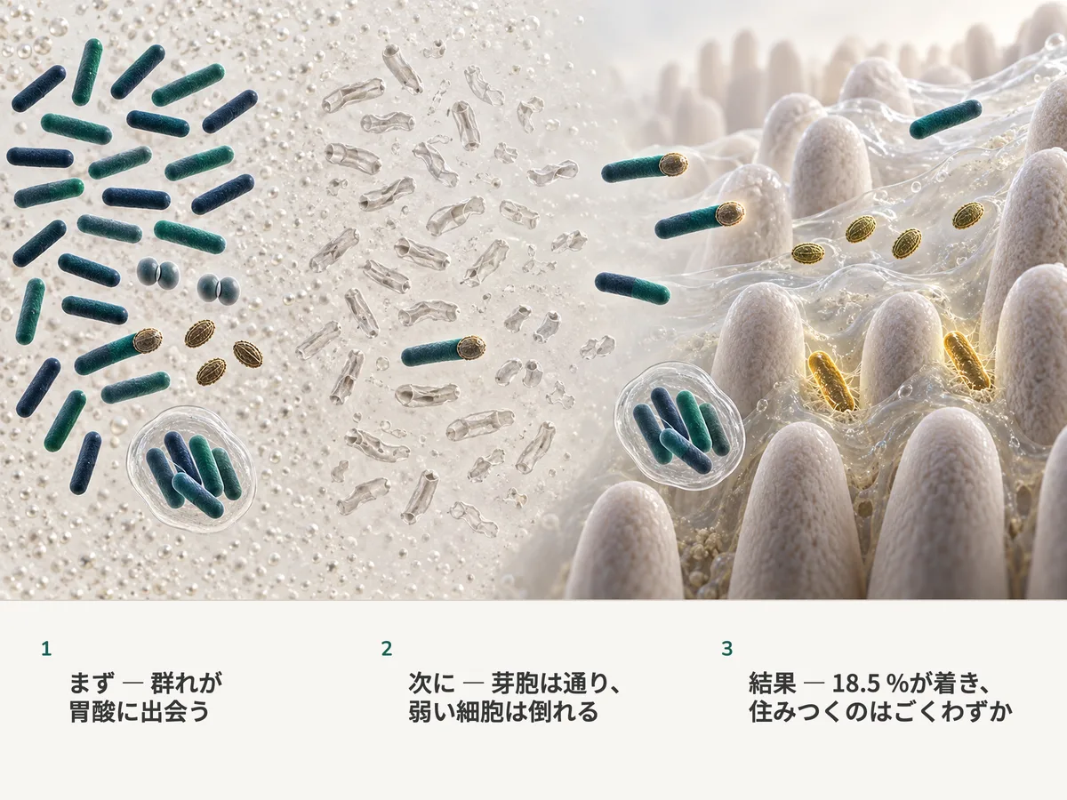イラスト：飲み込まれた細菌が胃酸を渡る。裸の桿菌の多くは崩れ、芽胞と殻に包まれた塊は無傷で通り、腸粘膜では二個が粘液に住みつき、ほかは通り過ぎる