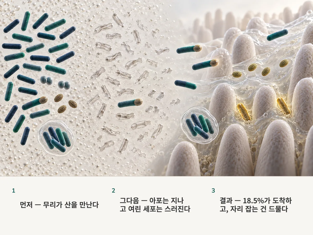일러스트: 삼킨 세균이 위산을 지난다. 맨 막대균은 대개 무너지고 아포와 껍질에 싸인 덩어리는 온전히 통과하며, 장 점막에서 둘은 점액에 자리 잡고 나머지는 흘러 지나간다