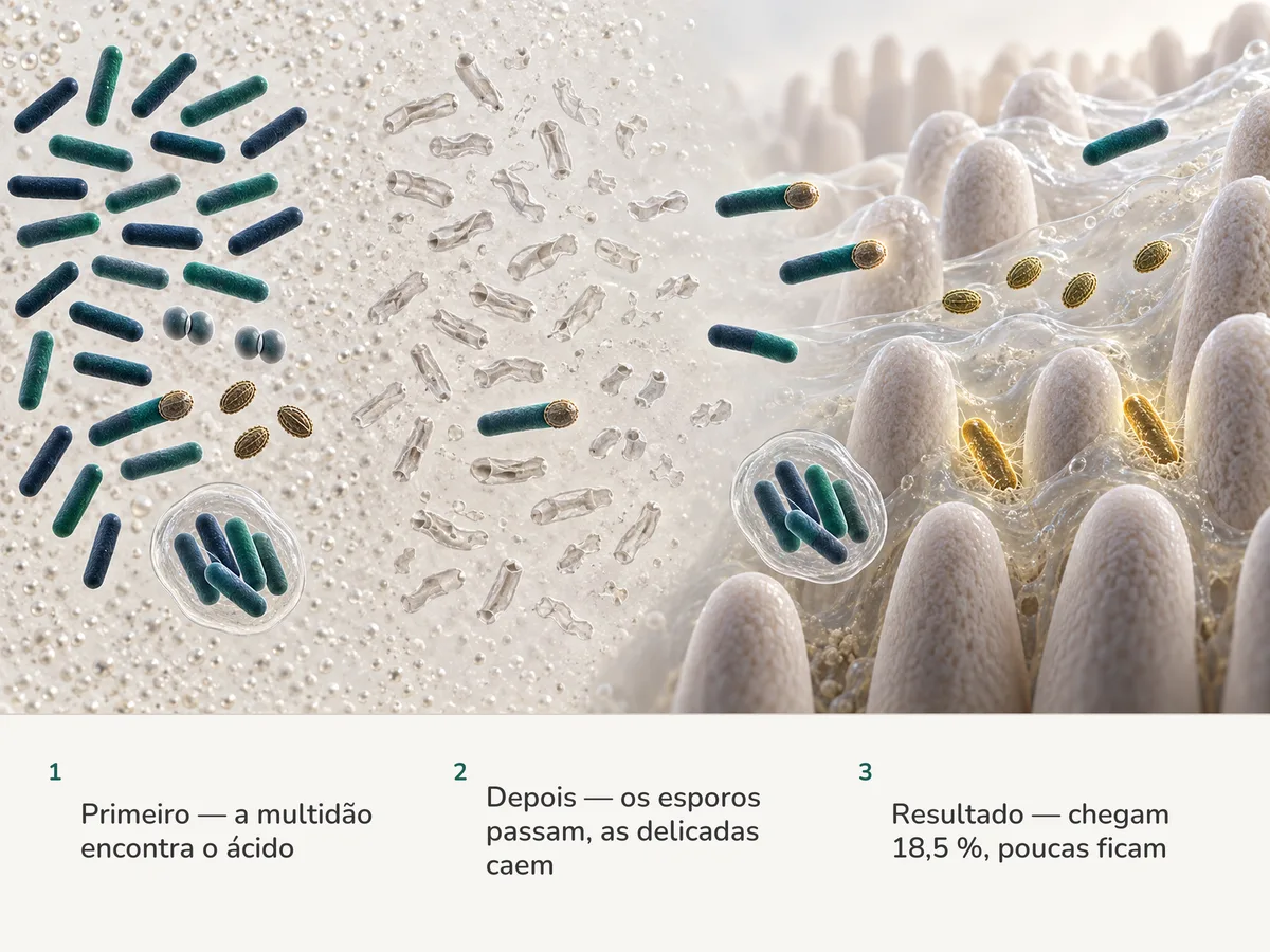 Ilustração: bactérias engolidas atravessam o ácido do estômago; a maioria das soltas se desfaz, esporos e um grupo com casca passam inteiros e, na mucosa do intestino, duas sobreviventes se instalam no muco enquanto outras passam direto