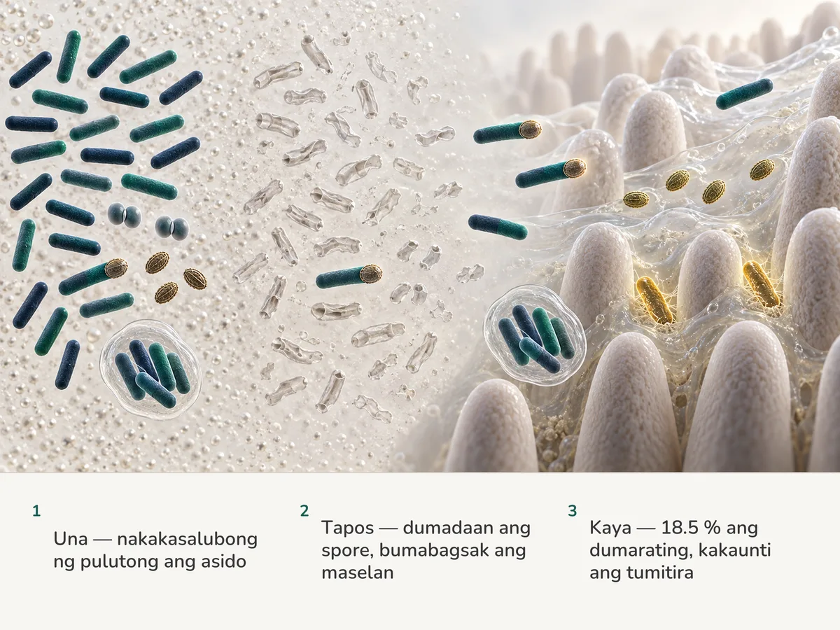 Ilustrasyon: tumatawid sa asido ng tiyan ang nilunok na bacteria; gumuguho ang karamihan sa malalayang rod, buong dumadaan ang mga spore at ang kumpol na may kabibi, at sa lining ng bituka ay dalawang nakaligtas ang tumitira sa mucus habang lumalampas ang iba