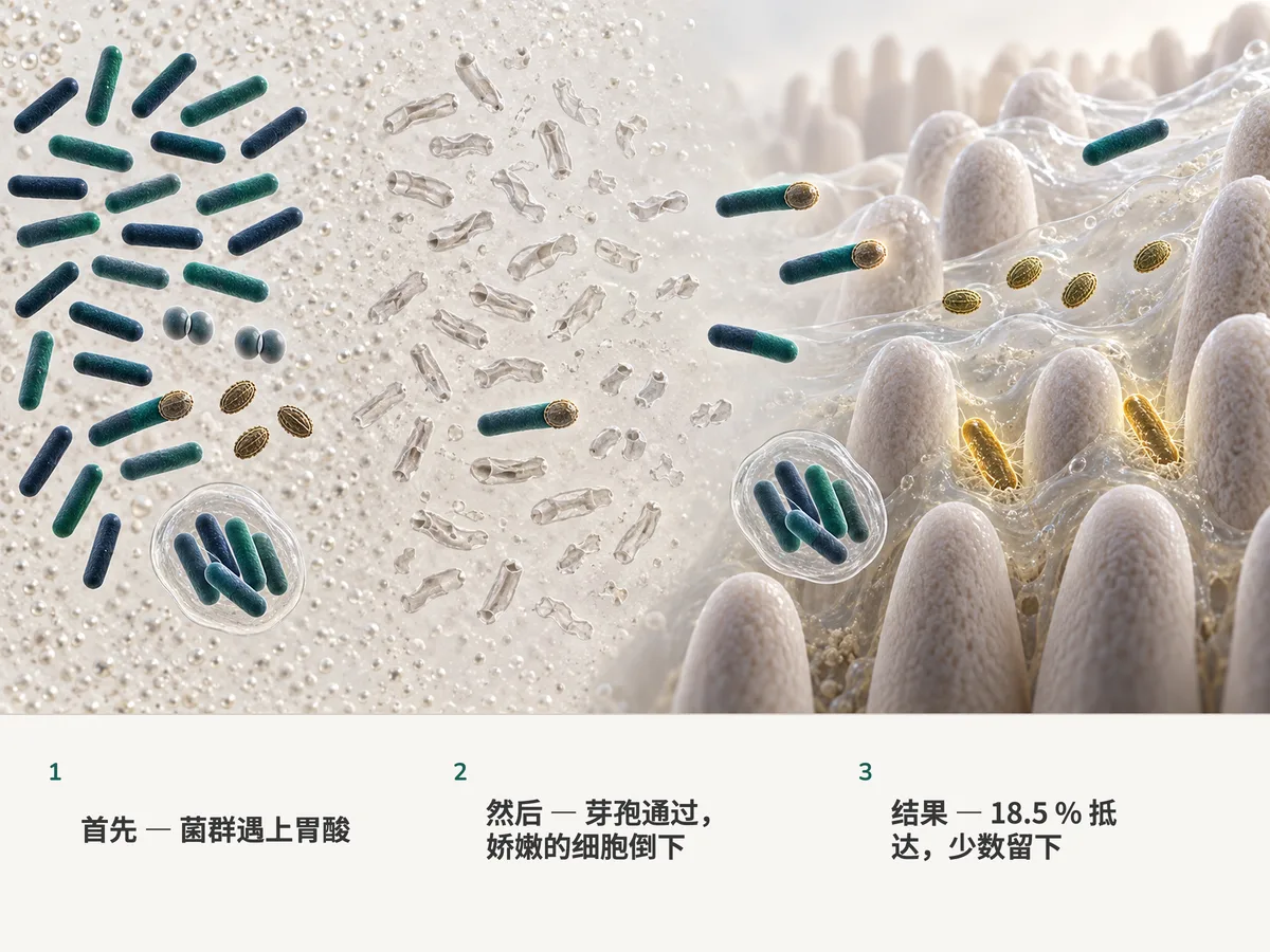 插图：吞下的细菌穿过胃酸；多数裸露的杆菌塌掉，芽孢和带壳的菌团完好通过，到了肠黏膜，两个幸存者在黏液里安家，其余的擦身而过