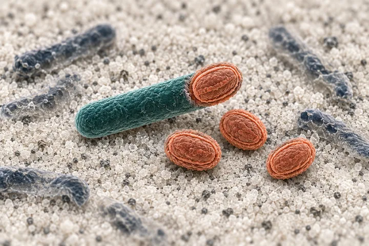 Ilustración: una bacteria con su espora acorazada y tres esporas sueltas siguen enteras en el ácido, mientras las bacterias delicadas de alrededor se deshacen