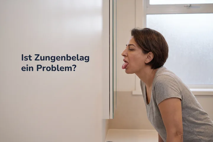 Ist Zungenbelag ein Problem? — eine Frau am Badezimmerspiegel im ersten Licht betrachtet ihre Zunge