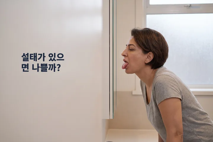 설태가 있으면 나쁠까? — 동틀 무렵 욕실 거울 앞에서 여성이 자기 혀를 들여다본다