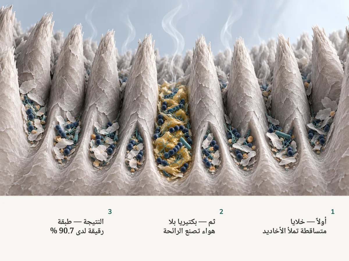 رسم توضيحي: صف من حليمات اللسان وبينها قشور متساقطة وبكتيريا في الوديان، رقيقة في تسعة منها وأثخن في واحد، مع غاز خفيف يتصاعد