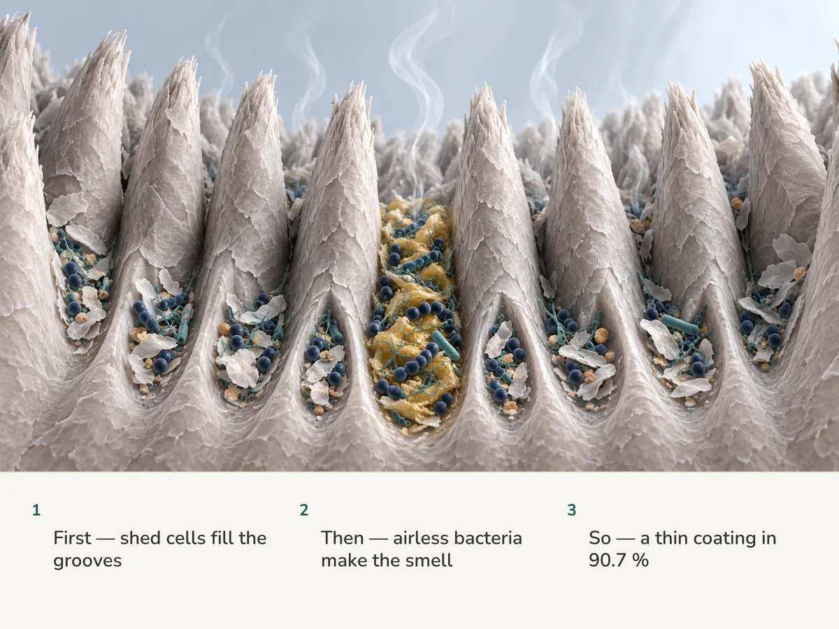Illustration: a row of tongue papillae with shed flakes and bacteria in the valleys between them, thin in nine valleys and thicker in one, faint gas lifting off