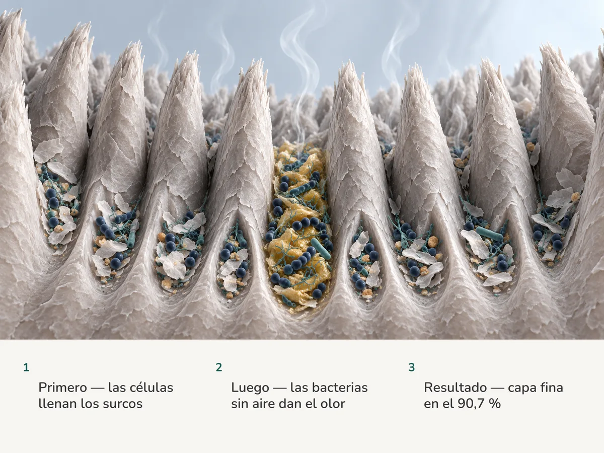 Ilustración: una fila de papilas de la lengua con escamas desprendidas y bacterias en los surcos, capa fina en nueve surcos y más gruesa en uno, con un gas leve que se levanta