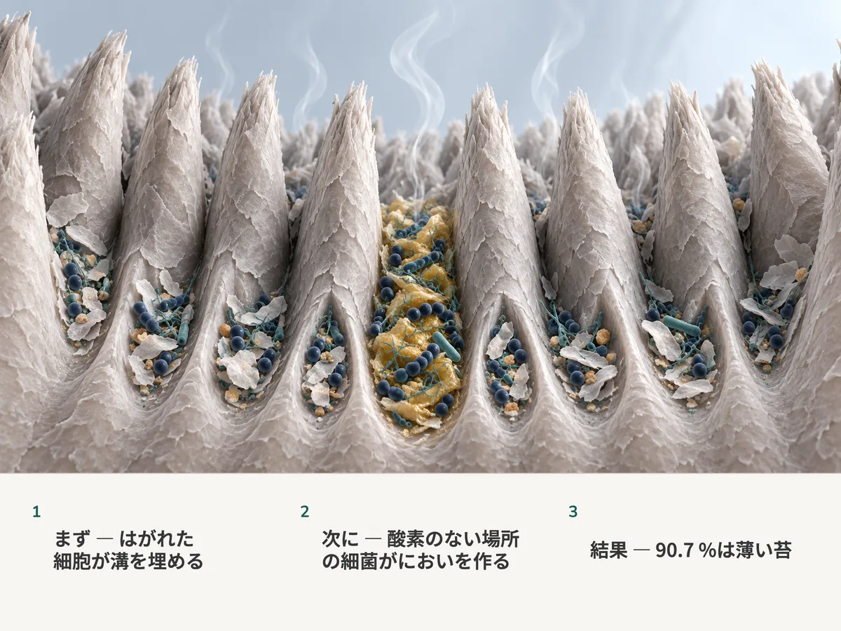 イラスト:並んだ舌乳頭。その谷にはがれた細胞と細菌が溜まり、九本の谷では薄く一本だけ厚く、かすかなガスが立ちのぼる