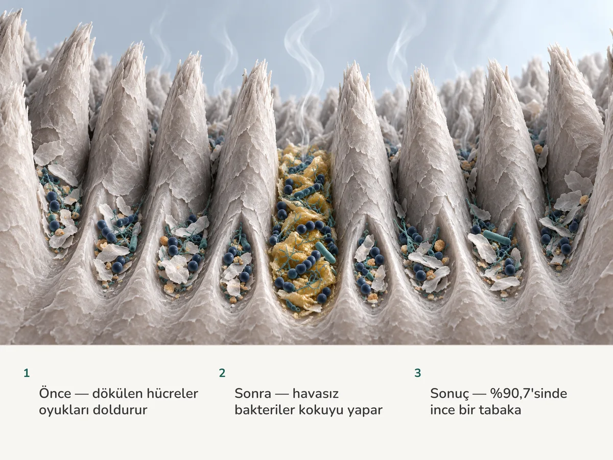 İllüstrasyon: aralarındaki vadilerde dökülmüş pullar ve bakteriler bulunan bir sıra dil papillası, dokuz vadide ince, birinde daha kalın, üzerinden hafif bir gaz yükseliyor