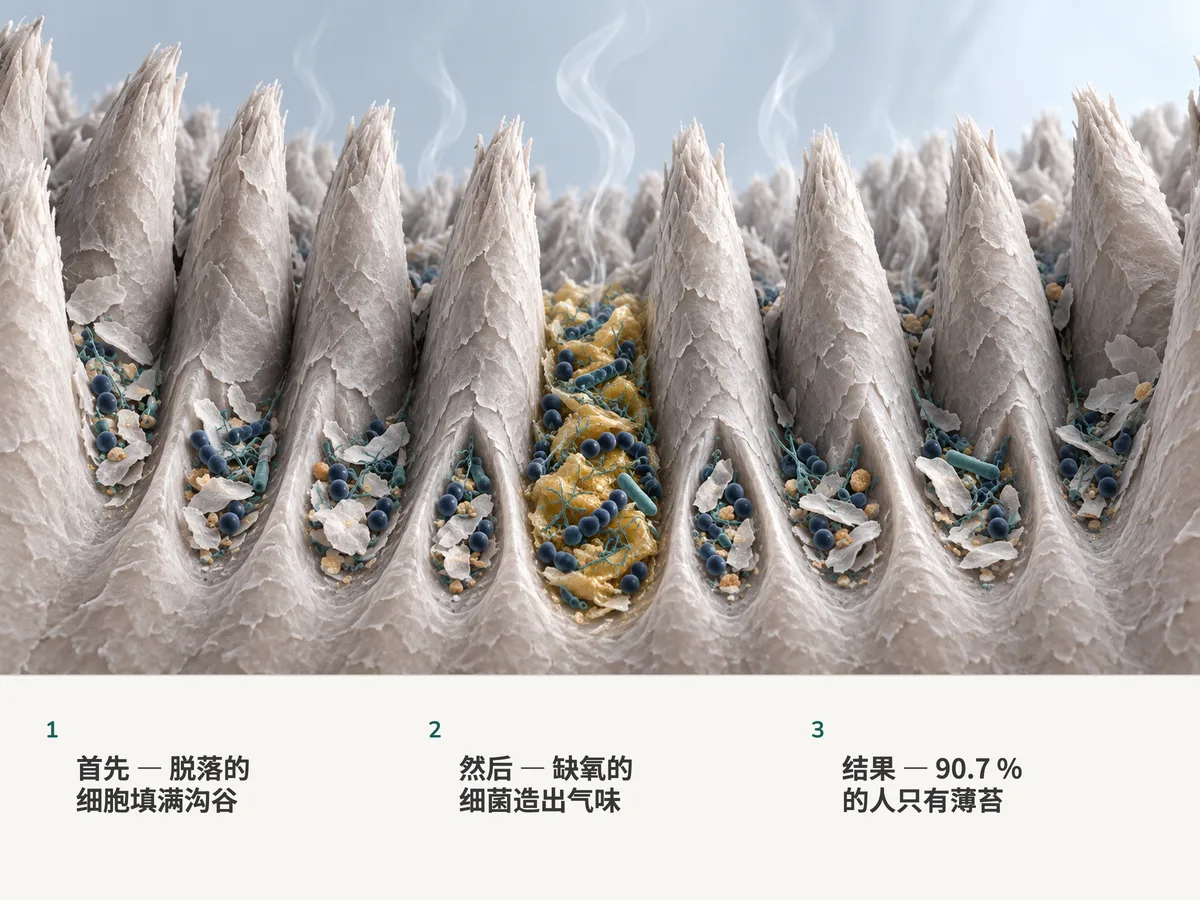 插图:一排舌乳头,之间的沟谷里积着脱落的碎屑和细菌,九条沟谷里很薄,一条里更厚,淡淡的气体升起