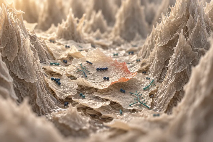 Ilustración: escamas de células desprendidas de la superficie con diminutas cadenas de bacterias, asentadas en un surco estrecho entre las papilas de la lengua