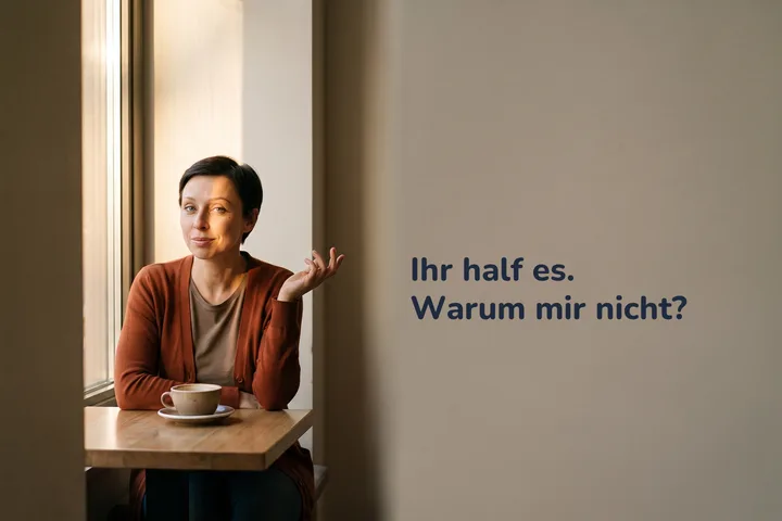 Ihr half es. Warum mir nicht? — eine Frau nachmittags am Cafétisch, ihr gegenüber eine zweite Tasse