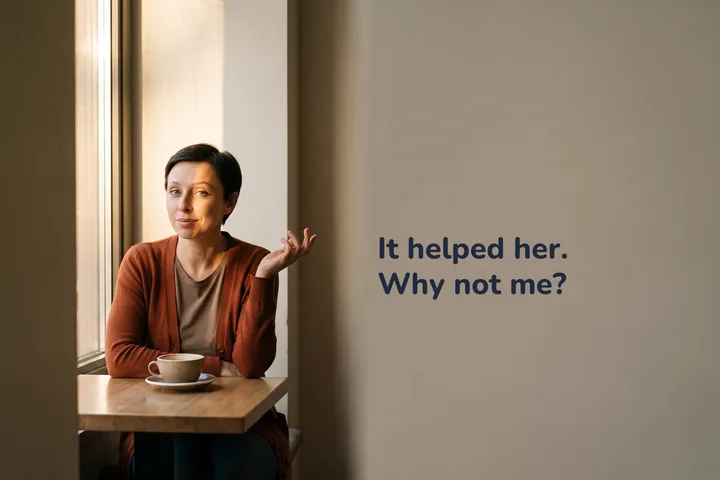 It helped her. Why not me? — a woman at a café table in the afternoon, a second cup opposite her