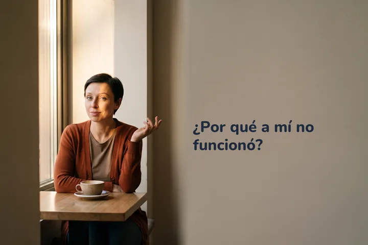 ¿Por qué a mí no funcionó? — una mujer en la mesa de un café por la tarde, una segunda taza enfrente