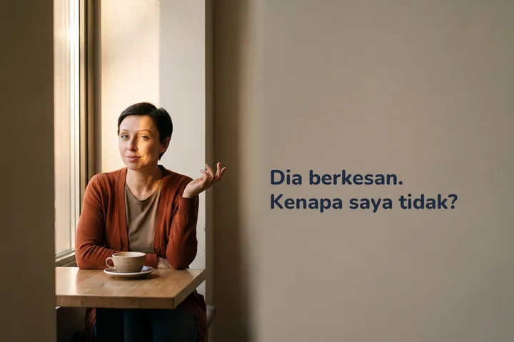 Dia berkesan. Kenapa saya tidak? — seorang wanita di meja kafe pada waktu petang, cawan kedua di hadapannya
