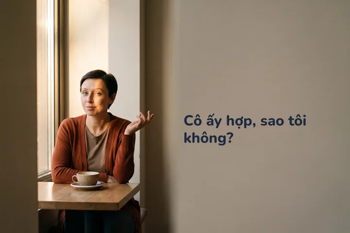 Cô ấy hợp, sao tôi không? — một phụ nữ bên bàn quán cà phê buổi chiều, ly thứ hai đặt đối diện