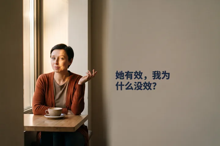 她有效，我为什么没效？ — 下午，一位女性坐在咖啡馆的桌旁，对面还放着第二只杯子