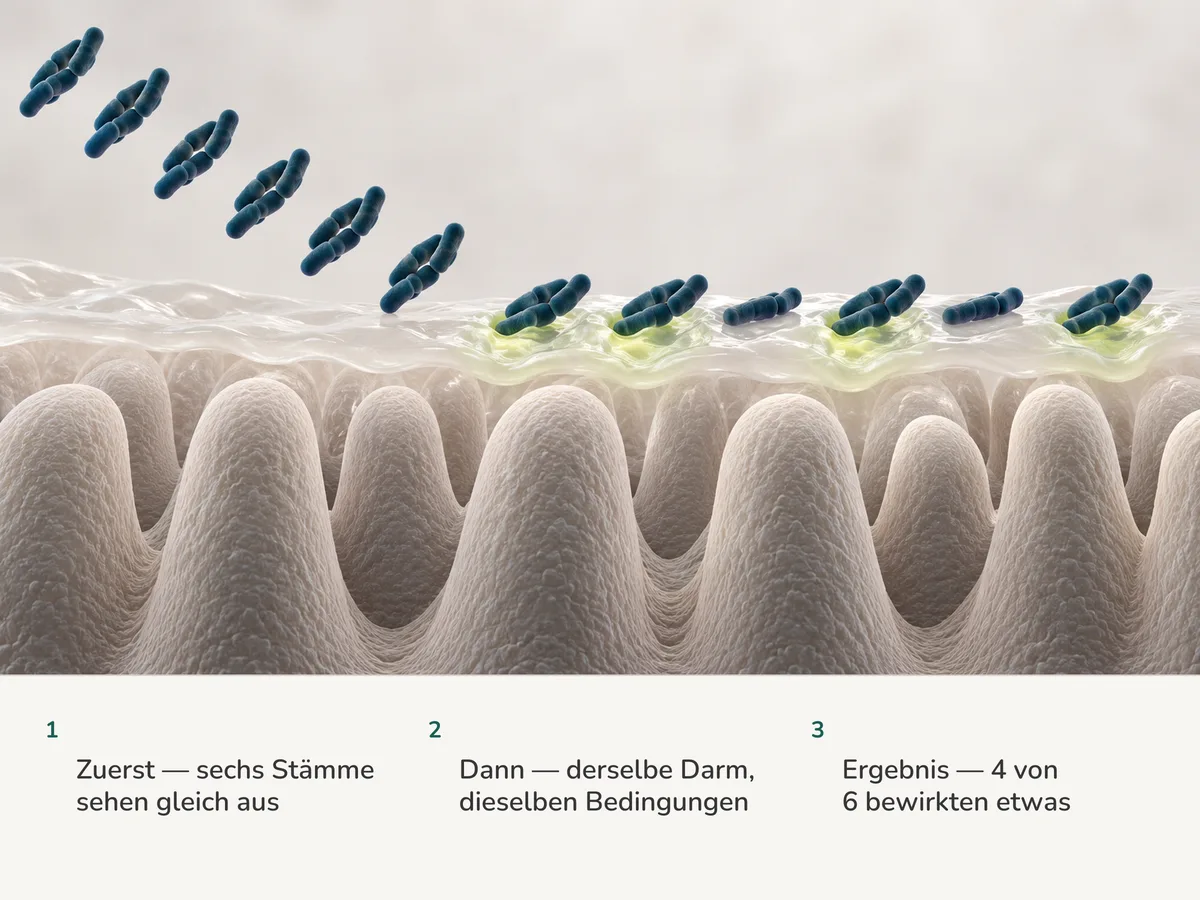 Illustration: sechs gleiche Häufchen stäbchenförmiger Bakterien setzen sich auf denselben Darmschleim; unter vieren verändert er sich sichtbar, unter zweien bleibt er unberührt