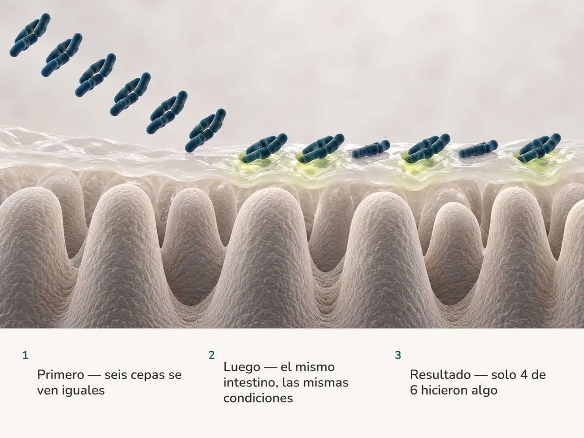 Ilustración: seis grupos idénticos de bacterias alargadas se posan sobre el mismo moco intestinal; bajo cuatro el moco cambia a la vista y bajo dos queda intacto