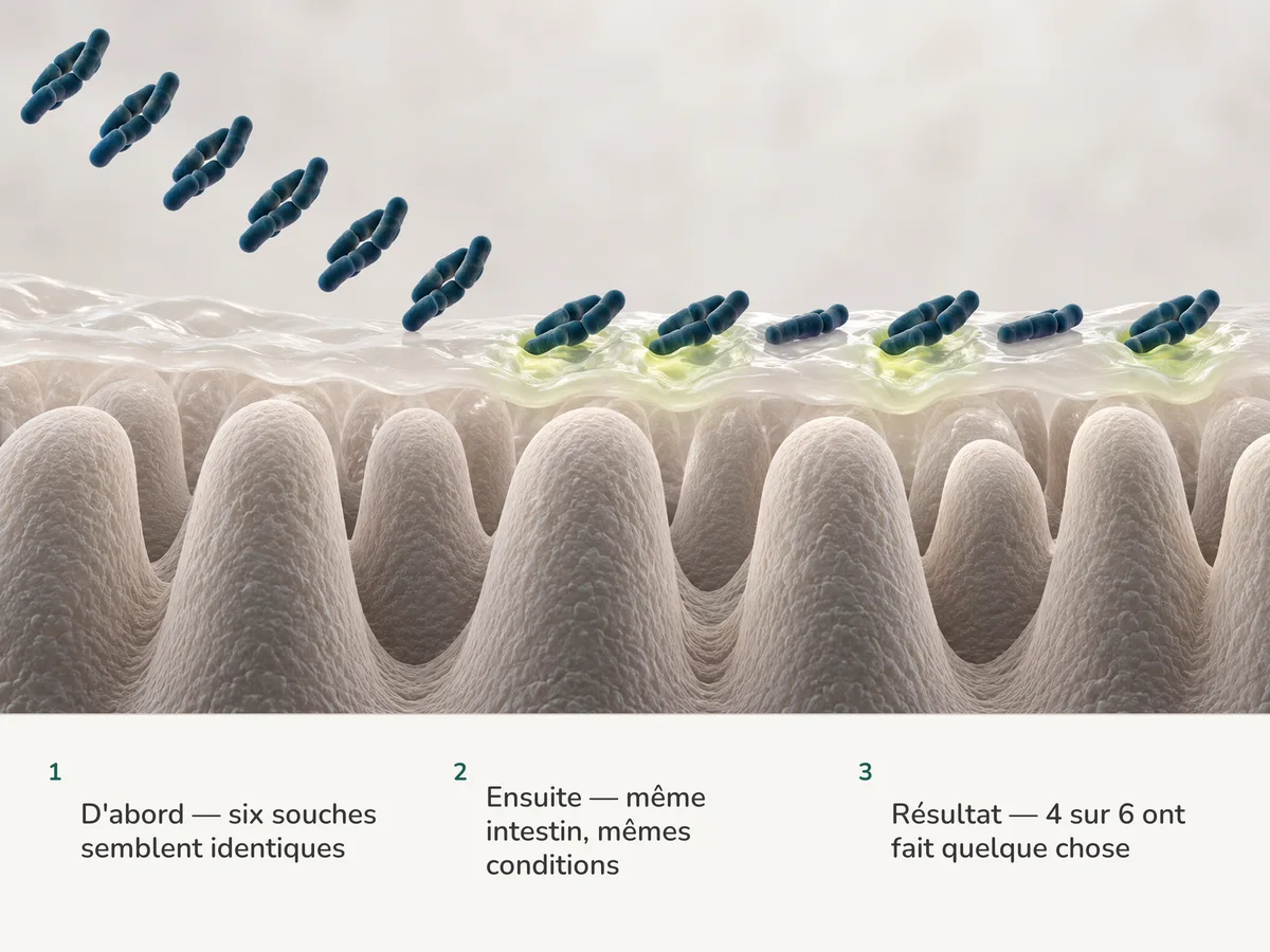 Illustration : six amas identiques de bactéries en bâtonnet se posent sur le même mucus intestinal ; sous quatre d'entre eux le mucus change visiblement, sous deux il reste intact