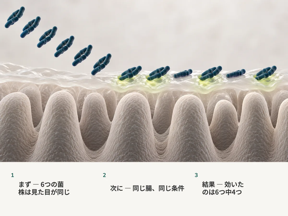 イラスト：同じ腸の粘液の上に、そっくり同じ桿菌の塊が六つ。四つの下では粘液が目に見えて変わり、二つの下では何も起こらない