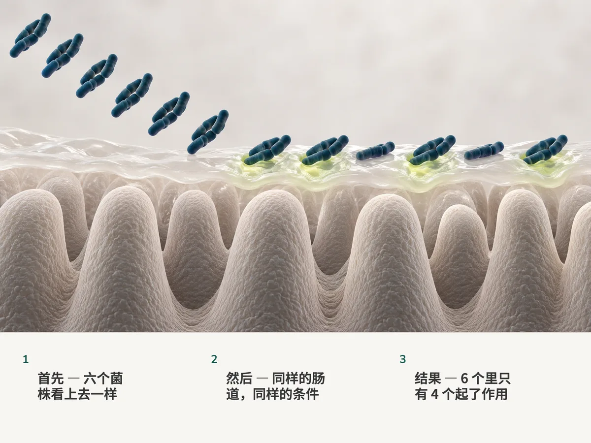 插图：六团一模一样的杆状细菌落在同一片肠道黏液上；其中四团下面黏液明显改变，另外两团下面纹丝不动