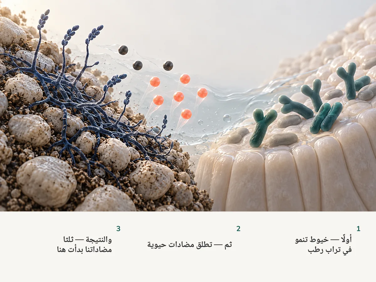 رسم توضيحي: بكتيريا تربة متفرعة تطلق جزيئات مضاد حيوي، ستة من تسعة بلون مرجاني، بينما ترقد في الطرف الآخر من الكادر عصيات Bifidobacterium المتشعبة على بطانة معوية