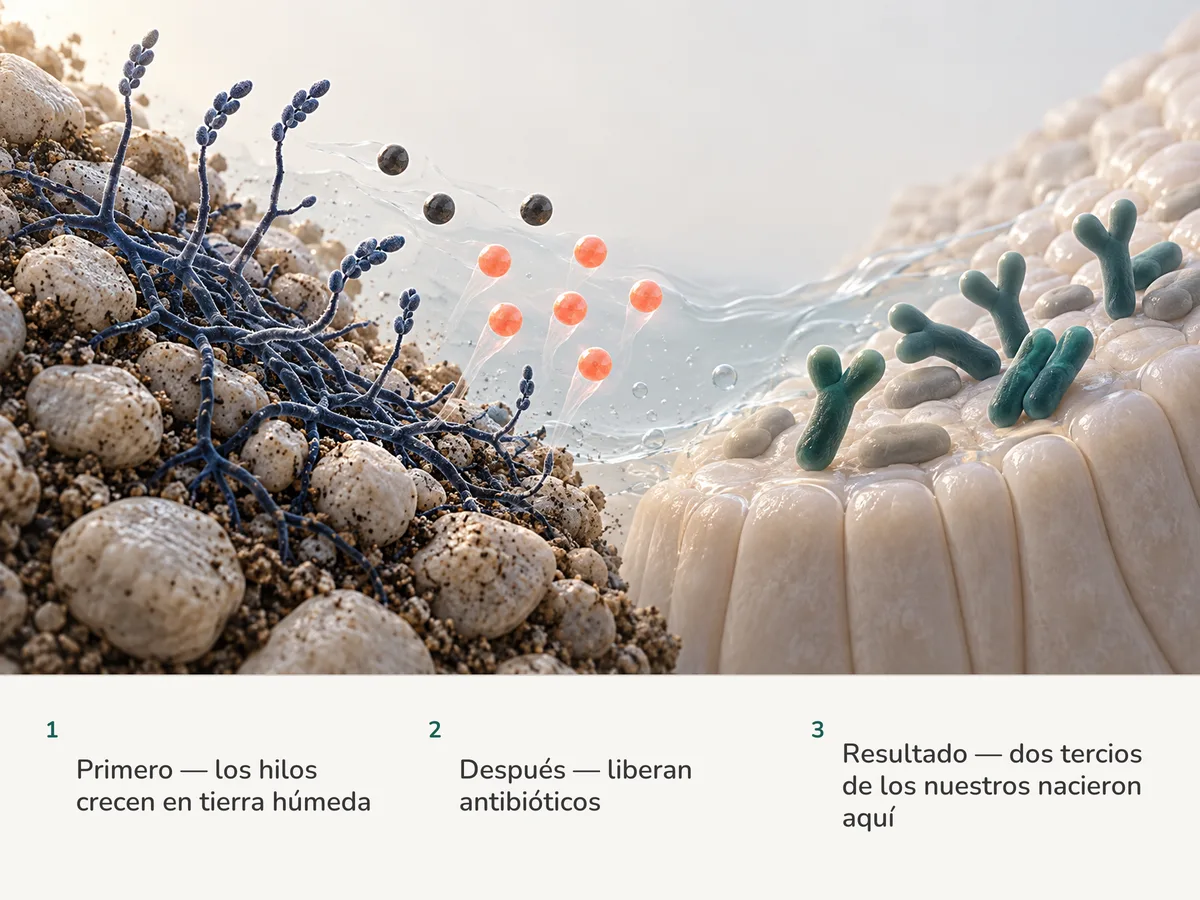 Ilustración: bacterias ramificadas del suelo liberan moléculas de antibiótico, seis de nueve en coral, mientras al otro lado del cuadro bastones bifurcados de Bifidobacterium reposan sobre una mucosa intestinal