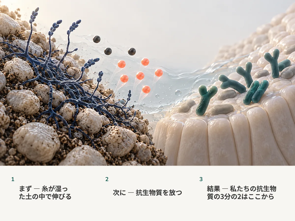 イラスト：枝分かれした土壌細菌が抗生物質の分子を放ち、9個のうち6個が珊瑚色に光る一方、画面の向こう側では枝分かれしたBifidobacteriumの桿菌が腸の粘膜に横たわっている