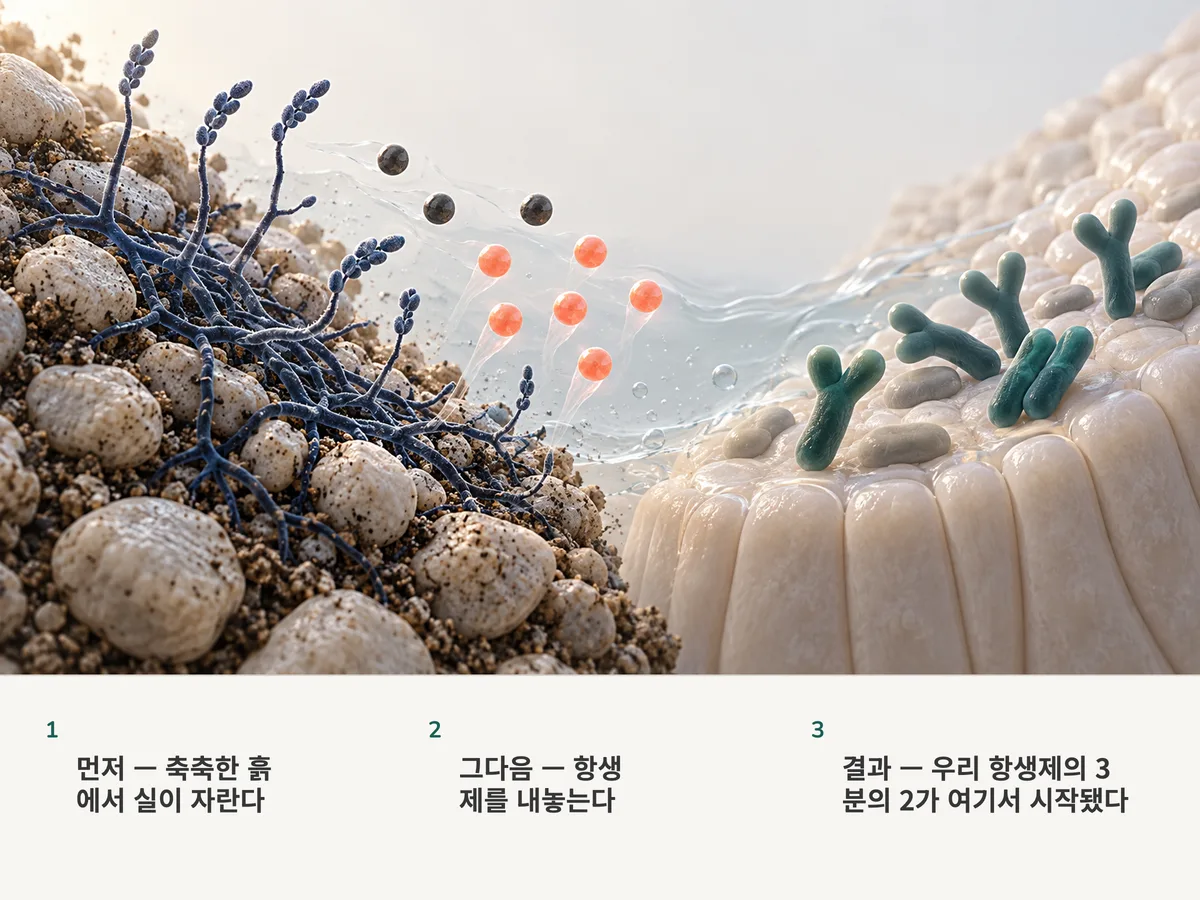 일러스트: 가지를 친 토양 세균이 항생제 분자를 내놓고 그중 아홉 가운데 여섯이 산호색이며, 화면 건너편에서는 Y자로 갈라진 Bifidobacterium 막대균이 장 점막 위에 놓여 있다