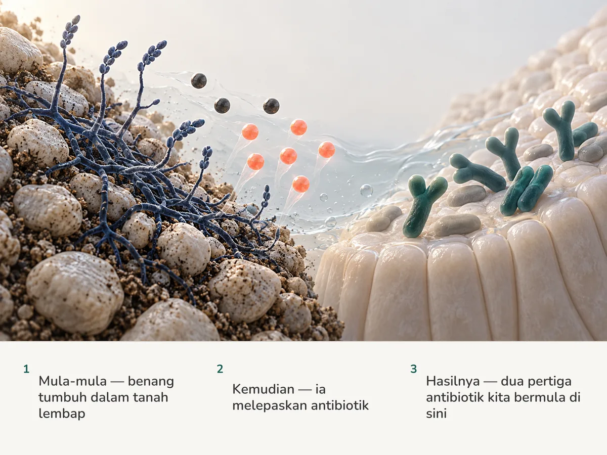 Ilustrasi: bakteria tanah bercabang melepaskan molekul antibiotik, enam daripada sembilan berwarna karang, manakala di seberang bingkai rod Bifidobacterium bercabang dua terbaring pada lapisan usus