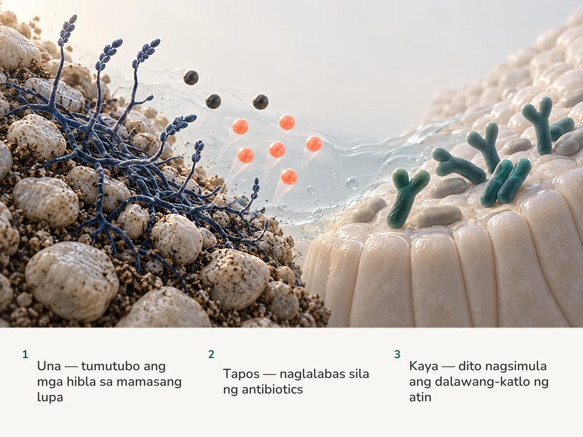 Ilustrasyon: naglalabas ng molekula ng antibiotic ang sumasanga-sangang soil bacteria, anim sa siyam ay kulay coral, habang sa kabilang dulo ng frame ay nakahimlay ang sanga-sangang baras ng Bifidobacterium sa lining ng bituka