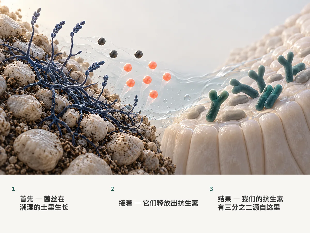 插画:分枝的土壤细菌释放出抗生素分子,九个里有六个是珊瑚色;画面另一侧,分叉的双歧杆菌歇在肠道黏膜上