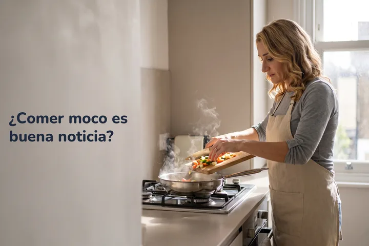 ¿Comer moco es buena noticia? — una mujer de unos cuarenta echa verduras picadas a una sartén en su cocina