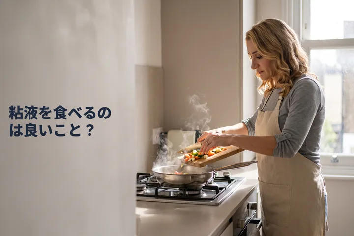 粘液を食べるのは良いこと? — 40代の女性が朝のキッチンで刻んだ野菜をフライパンに入れている